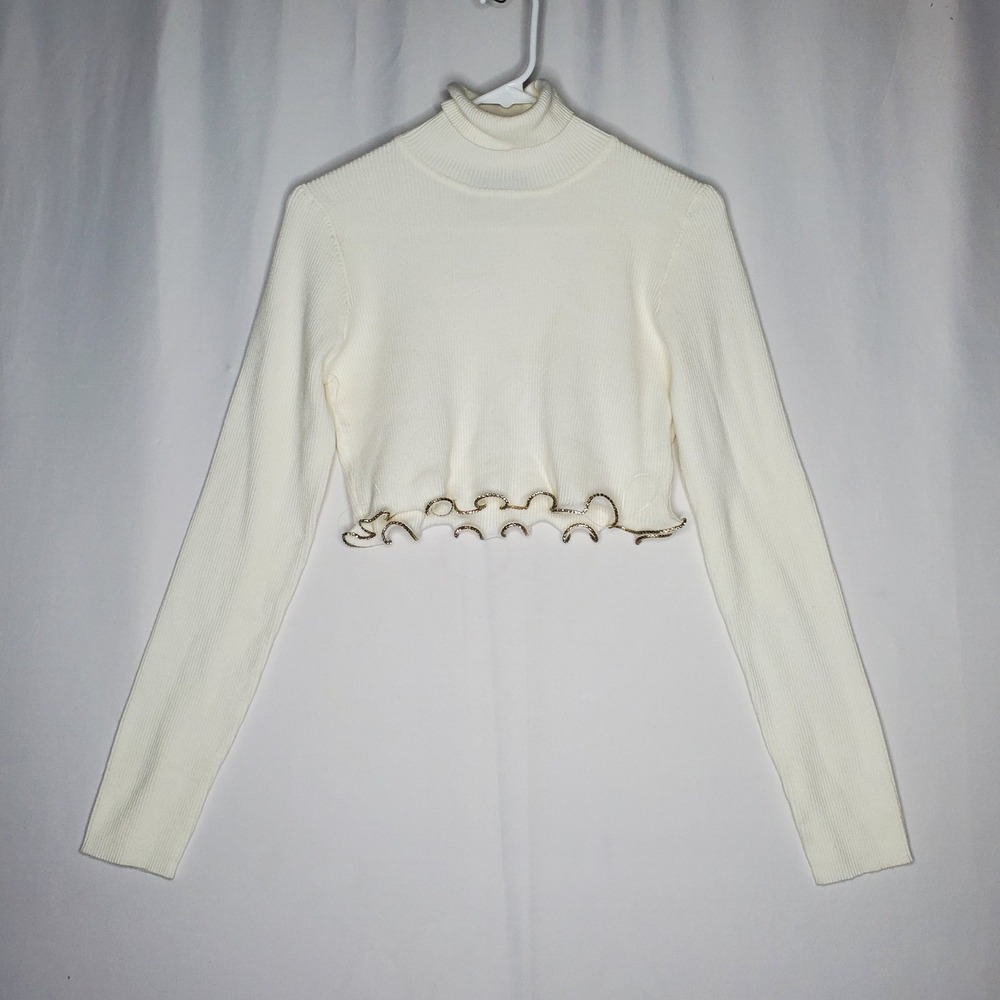Akira Crop Sweater Womens XL White Rib Knit Turtleneck Jewel Diamond Lattice Hem